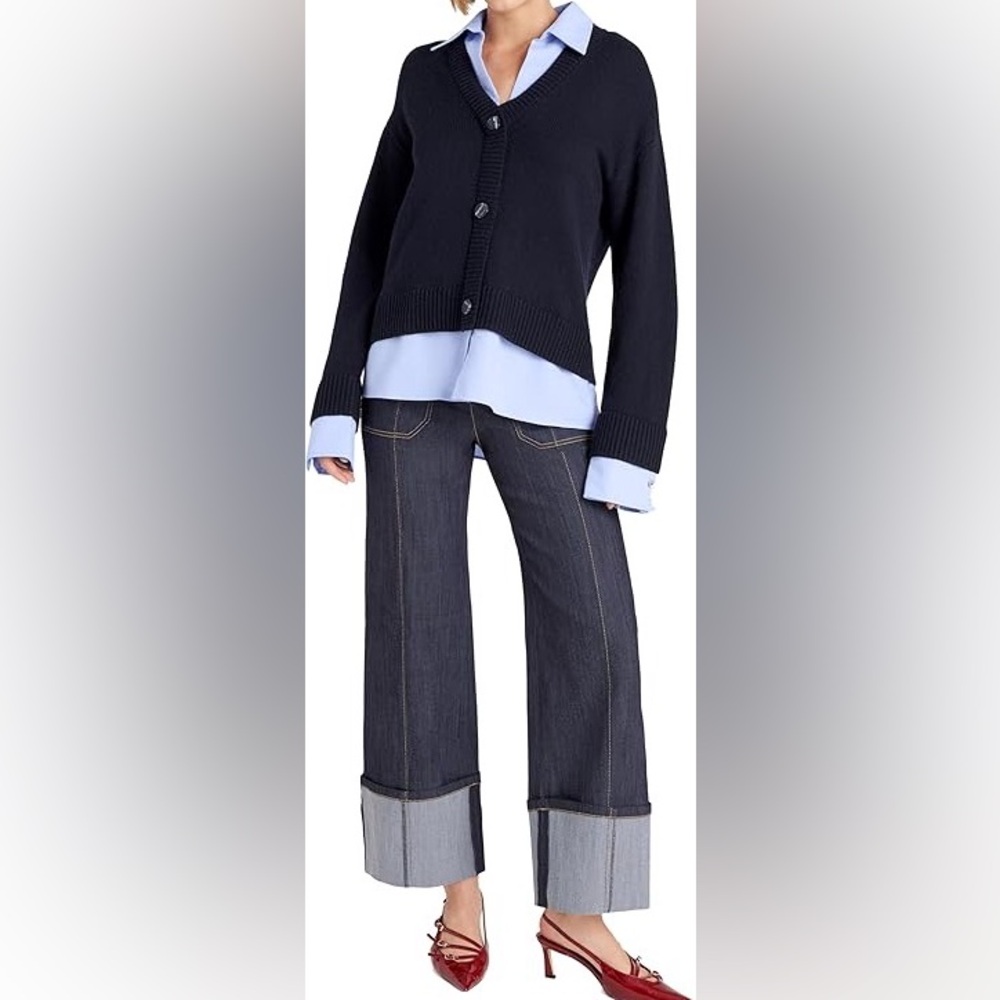 Cinq a Sept Layered Blue Cashmere Wool Collared Sweater V-Neck Cardigan XL 14 16
